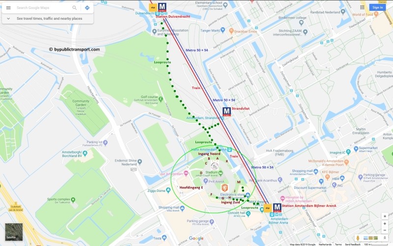 amsterdam johan cruijff arena met openbaar vervoer by public transport detailed area map