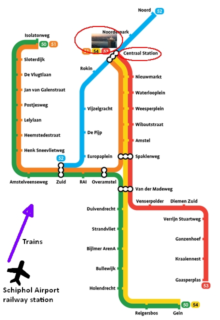 amsterdam metro lines to a dam lookout via amsterdam centraal station